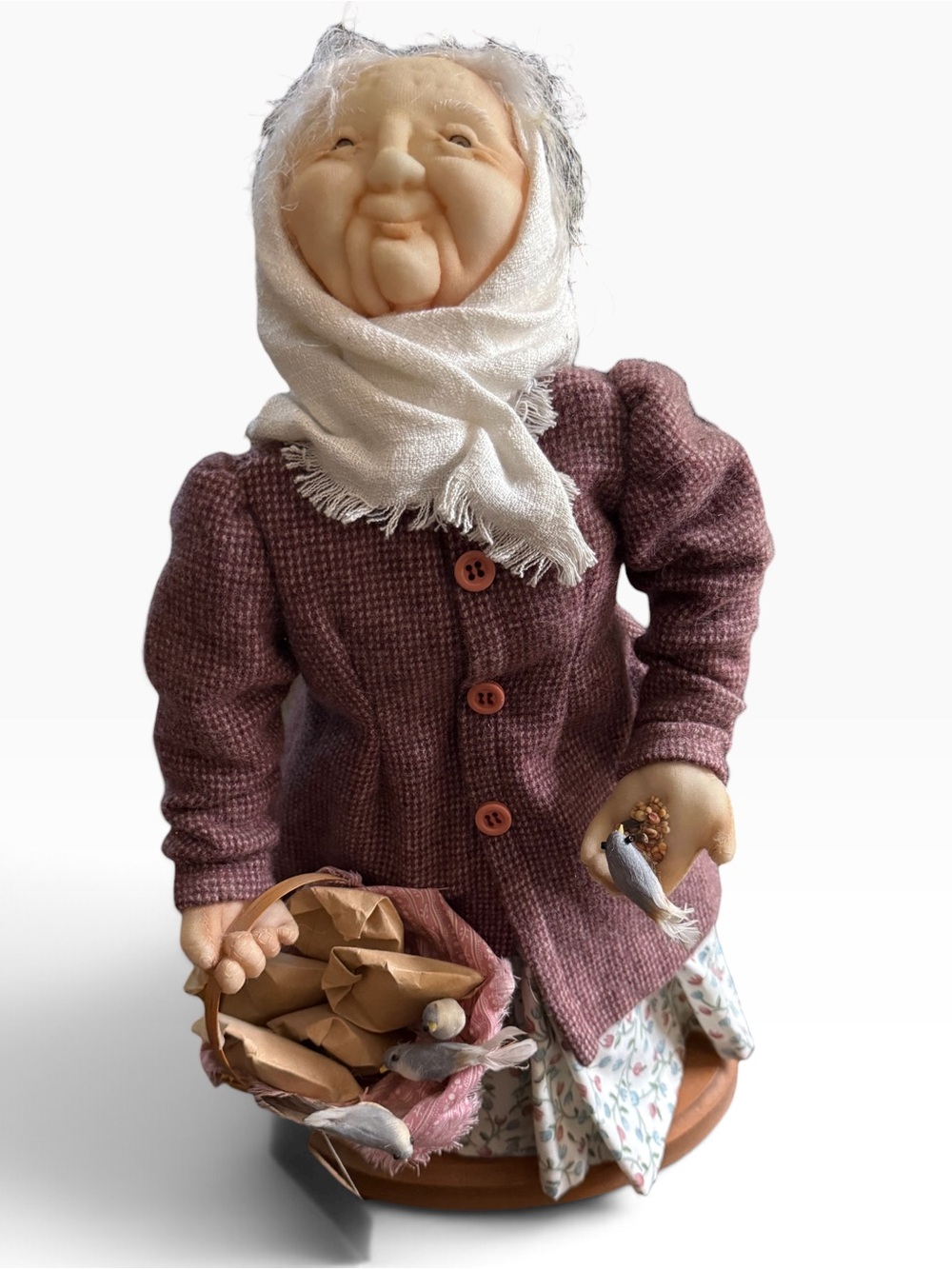 Vintage Handcrafted OOAK Soft Sculpture Elderly Woman Doll With Birds & Basket